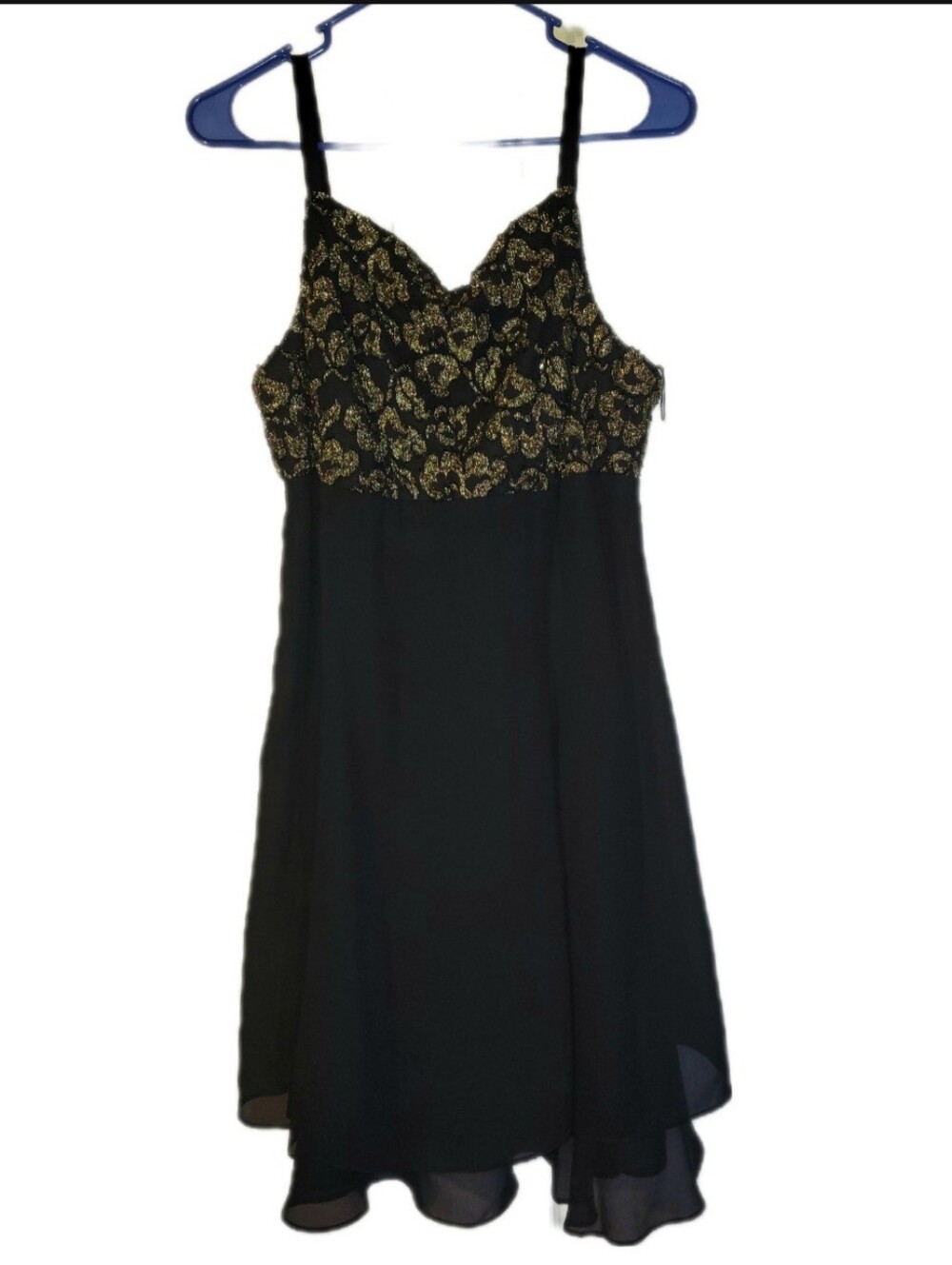 Vintage 90s Black And Gold 14 Formal Mini Skater Twirl Strappy Dress by Rhapsody